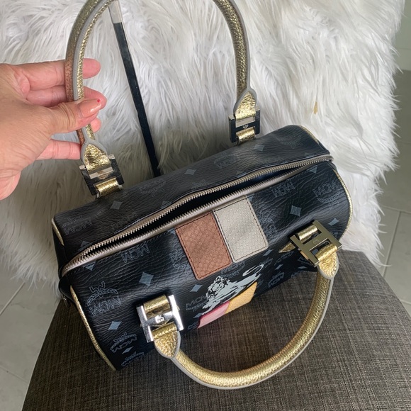 MCM Black Logo Leather Satchel with Gold Handles and Pink, Tan, Cream Panels - Picture 12 of 12
